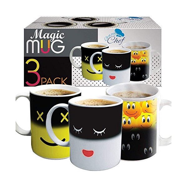 Heat Sensitive Coffee Magic Mugs - Set of Color Cute Coffee Tea Unique Changing Heat Cup 12 oz White & Yellow Happy Face and Smiley Emots Design Drinkware Mugs Gift Idea for Mom Dad Women & Men 3 Pack