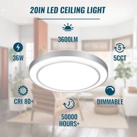 Wheatronic 20" Flush Mount Ceiling Light Fixture 5CCT, LED Sliver Dimmable Flush Mount Round 36W, Modern Close to Ceiling Light for Living Room, Foyer, Kitchen, Bedroom