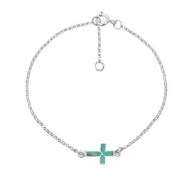 AeraVida Stylish Cross on a Chain with Simulated Turquoise Inlay .925 Sterling Silver Link Bracelet