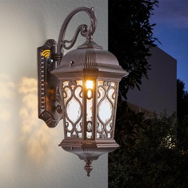 21" H Oil-Rubbed Bronze Outdoor Wall Light Large Size Dusk to Dawn Exterior Wall Lantern Fixture, Dark Brown Rustic Porch Lamp with Water Glass Waterproof Outside Wall Sconce for House Garage