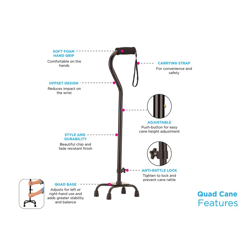 NOVA Designer Quad Cane, Lightweight Four Legged Cane with Soft
