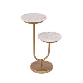 Best Home Fashion Contemporary Marble and Gold Two Tier Table, Accent Table for Bedroom, Living Room Modern Side Table for Small Spaces –Top Tier 10.5” Dia x 24.75”H, Lower Tier 10.5” Dia x 15.25”H