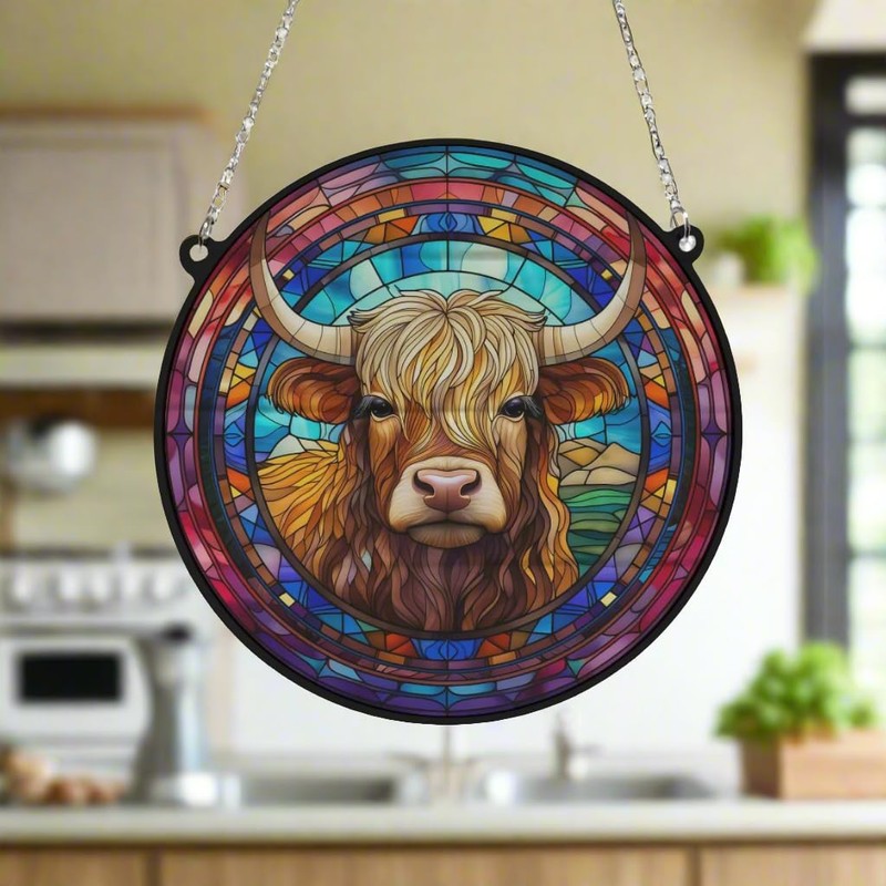 Image Industry Highland Cow Stained Glass Effect Suncatcher - Garden