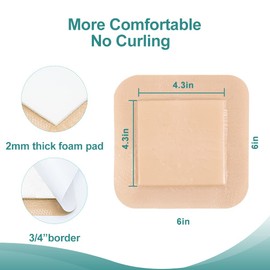 Dimora Silicone Foam Dressing, 6'' x 6''(4.3" X 4.3" pad) Sacrum Wounds, Waterproof Wound Dressing with Gentle Border, High Absorbency Foam Bandages, Silicone Self-Adhesive Patches,5 Pack