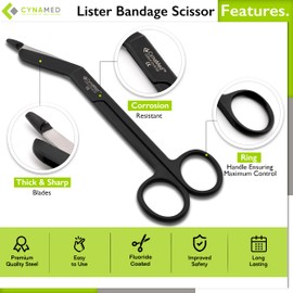 Cynamed Lister Bandage Scissors with Multicolor/Rainbow Titanium Coating - Perfect for EMT, Paramedics, First Aid Responders, Doctors, Nurses, Students and More (Black, 7.25 in.)