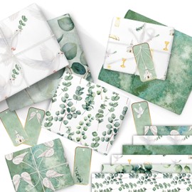 Papierdrachen 6 Sheets of Wrapping Paper | 60 x 40 cm - 6 Different Designs High Quality on 80 g/m² Paper - Eucalyptus - Gift Packaging for Christening, Communion, Confirmation - with 12 Labels - Set