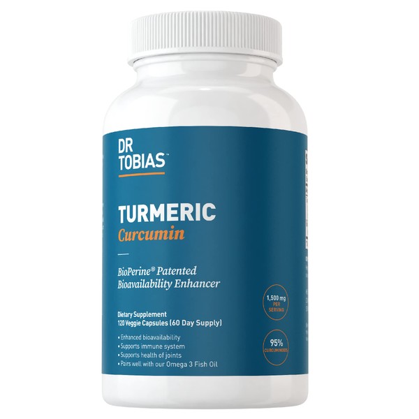 Dr. Tobias Turmeric Curcumin Supplement with BioPerine & Black Pepper, Extra Strength Curcumin Supplements for Joint Support,1500 mg per dose with 95% Curcuminoids, 120 Capsules