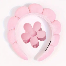 Spa Headband and Flower Hair Clip Set, 2 Pieces (Pink Headband, Flower Clip)