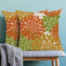 Fall Burnt Orange Outdoor Pillow Covers 20x20 Inch Set of 2 Mustard Yellow Green Dahlia Floral Decor Throw Pillows Modern Geometry Flower Decorative Cushion Cases for Sofa Couch Bed Decorations