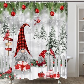 LKFBSC Christmas Gnome Shower Curtain, Cardinals with Funny Gnomes Winter Shower Curtain Set, Snowny Xmas Ball Bathroom Shower Curtain, Pine Trees Bathroom Curtain with Shower Hooks 72x72inches
