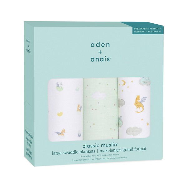 Aiden & Anay ASWC30009 Japanese Genuine Swaddle, Set of 3, Newborn, Anti-Crying at Night, Gauze, Baby Shower, Baby Gift, Aven+ Anais Year of the Dragon 47.2 x 47.2 inches (120 x 120 cm), Muslin,