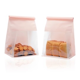 Pack of 50 Paper Bread Loaf Bag Kraft Food Packaging Storage Bakery Bag with Front Window, Tin Tie Tab Lock Kraft Paper Bags (10.2'' X 6.3'' X 5.1'') (Pink)