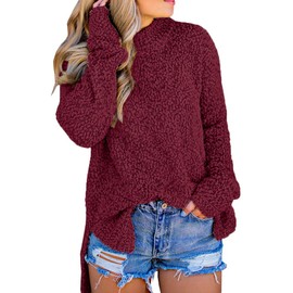 Imily Bela Womens Fuzzy Knitted Sweater Sherpa Fleece Side Slit Full Sleeve Jumper Outwears (Large, Wine Red)