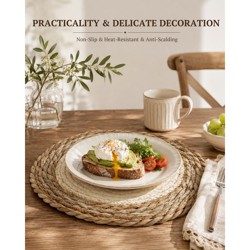 4Pcs 12'' Round Woven Placemats Handmade Slip Heat Resistant Wicker