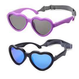 Braylenz Flexible Heart Shaped Baby Sunglasses with Strap for Ages 0-24 Months, 2 Pack Infant & Toddler Polarized Sun Glasses(Black/Blue +Purple/Grey)