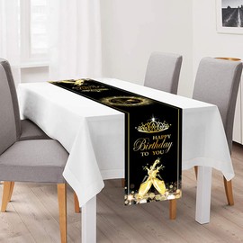 Happy Birthday Table Runner Black and Gold Pattern Table Runner 13.8" X 70.6" Rectangle Table Runner for Indoor Outdoor Home Birthday and Baby Shower Party Decor (Black and Gold)