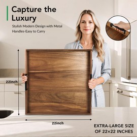 Large Ottoman Tray for Living Room and Coffee Table, Decorative Acacia Wood Serving Tray with Handles for Breakfast in Bed, Dinner Food Kitchen TV (Natural, 22" x 22" x 2")