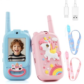 Video Walkie Talkies for Kids – Kids Walkie Talkies 2 Pack with Cute Silicone Cover, Voice Changer, 1000FT Range, Fun Indoor Outdoor Toys – Birthday Gift for Boys and Girls Ages 3-10（Blue + Pink）
