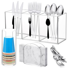 Baderke 3 Set Acrylic Cutlery Storage Organizer Include Clear Silverware Caddy for Kitchen Utensil Holder Countertop Knife Spoon and Fork Holder, Acrylic Cup Holder and Acrylic Napkin Holder for Party