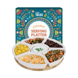 Chef Tacos Ceramic Taco Serving Platter - Divided Serving Tray for Taco Tuesday Lazy Susan Taco Bar - Chip and Dip Serving Set for Party - Appetizer Serving Tray for Salsa, Snacks – Taco Tray 10.2”