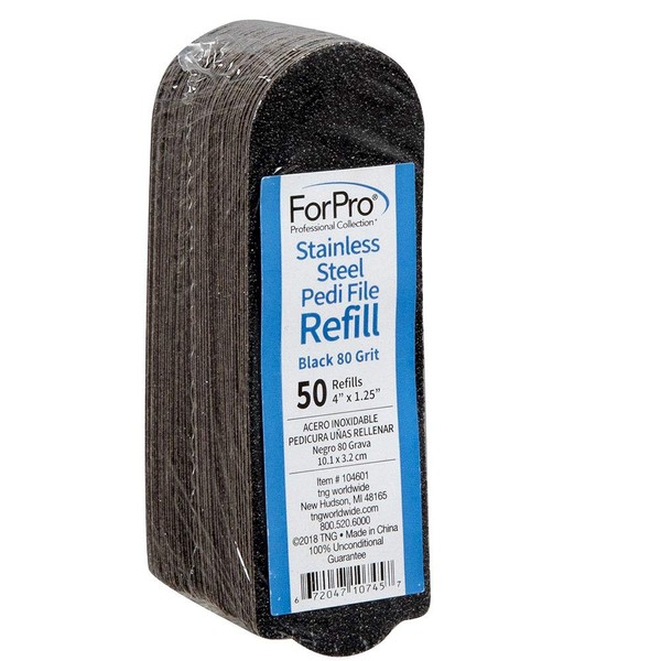 ForPro Stainless Steel Pedi File Refill, 80 Grit, Black, EZ-Strip Peel Pedicure Refill Pads, 1.25” W x 4” L, 50-Count