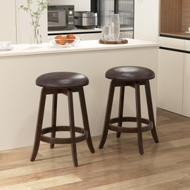 Giantex Bar Stools Set of 2, 24" Counter Height Bar Stools w/ 360° Swivel Round Seat & Footrest, Rubber Wood Frame, Upholstered PU Leather Backless Barstools for Kitchen, Dining Room, Pub, Brown