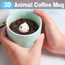 Fortune Cat CoffeeMugs, 3D Bottom Animal Stereo Teacup, Fortune cat is a Symbol of Luck, Best Gift for Christmas Birthday Valentine's Day…