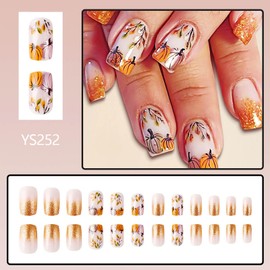 24Pcs Fall Press on Nails Short Square Fake Nails Orange Glitter French Tip Acrylic False Nails Full Cover Glue on Nails Glossy Artificial Thanksgiving Nails Autumn Leaf Stick on Nails for Women