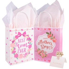 8.3in (21cm) Small Mother's Day Gift Bag Set 2pc,Happy Mother's Day,Flower,Bow Pattern Handbag,with Tissue and Greeting Cards