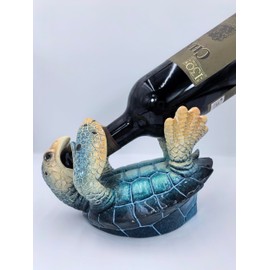 VVGIFTS Decorative Sea Turtle Wine Bottle Holder, Coral Reef Design, Aqua Blue and White, Nautical Coastal Decor (Blue)