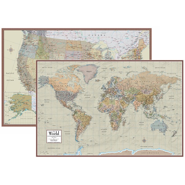 Swiftmaps World and USA Contemporary Premier 3D Two Wall Map Set (24x36 Laminated)