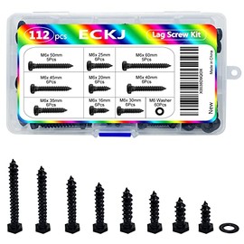 ECKJ Hex Lag Bolts 112PCS M6 Hex Lag Screws Washers Assortment Kit 16/20/25/30/35/40/45/50/60mm Metric Self-Tapping Screws Zinc Plated Black