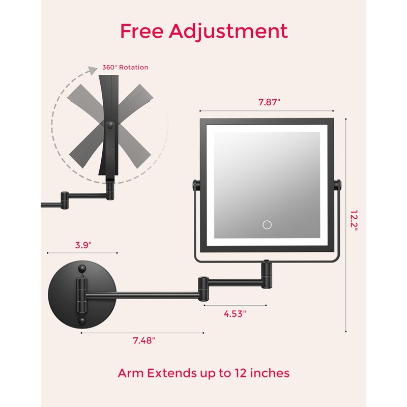WZKALY Rechargeable Wall Mounted Makeup Mirror with Lights, 4000mAh Double