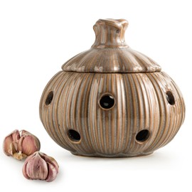 Ceramic Garlic Keeper with Lid and Holes Garlic Saver and Storage Framhouse Decor Keep Gralic Cloves Dry and Fresh, Grey
