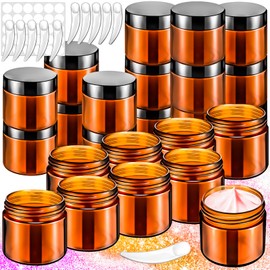 MotBach 16 Pack 2oz Amber Plastic Jars, 60ml Empty Small Round Cosmetic Jars Refillable Makeup Containers Leakproof Travel Cosmetic Containers with Black Lids for Sample Cream Lotion Powder Ointment