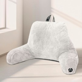 Nestl Fur Reading Pillow, Stylish Back Pillow for Bed Sitting Up, Faux Fur Bed Chair Pillow with Arms, Reading Pillows for Sitting in Bed Adult & Kids, Sit Up Back Support Pillow for Bed Rest - White
