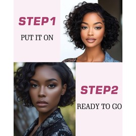 FASHION IDOL Pixie Curly Black Human Hair Wig C-type Lace Wear and Go Short Curly Bob Wig for Women 8 Inches