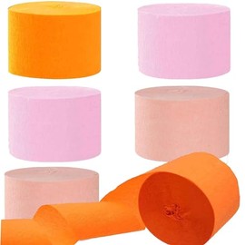 6 Rolls Orange Pink Peach Crepe Paper Streamers(Each Roll 25M x 4.5CM)，Orange Pink Party Decorations Streamer for Girl Birthday Baby Shower Wedding Party Decorations