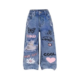 WDIRARA Toddler Girl's Cute Bow Graphic Baggy Jeans Elastic High Waist Wide Leg Denim Pants Medium Blue 6Y