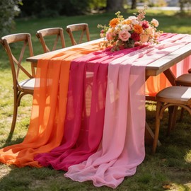 Whaline 3Pcs Chiffon Table Runner 10 Ft Sheer Table Cover for Dawn Sunset Wedding Bridal Shower Party Home Kitchen Decor (Orange Rose Red Pink)
