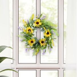Puleo International 26" Artificial Sunflower Lavender Winter Jasmine Floral Spring Wreath