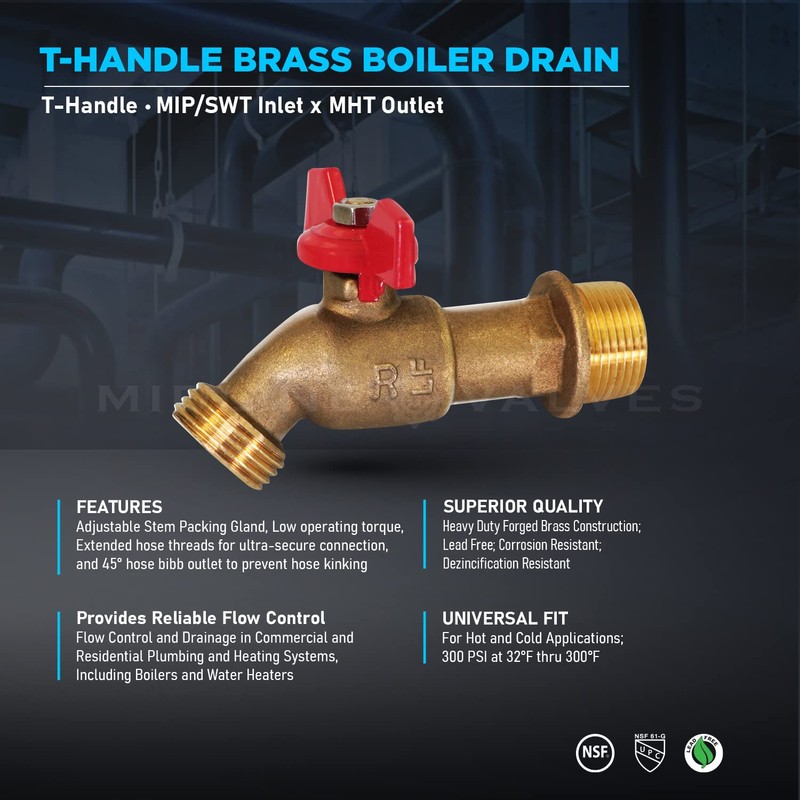 Midline Valve S3523 Boiler Drain Valve, with T-Handle, 3/4 in.