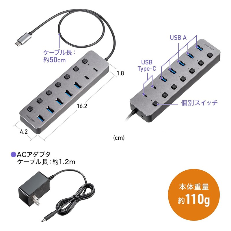 Sanwa Direct USB Hub Type-C Connection 7 Ports USB-C×2/USB-A×5 Self-Powered