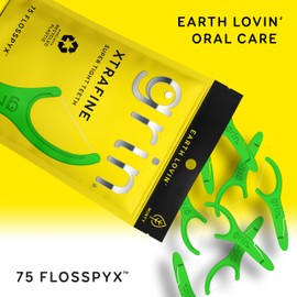 GRIN XtraFine Flosspyx, Floss Picks, 75 Count, Dental Flossers, Minty Flavor, Recycled Plastic, for Super Tight Teeth, Longer Floss Head, Slide Between Teeth, Includes Safe Soft Fold-Back Tooth Pick