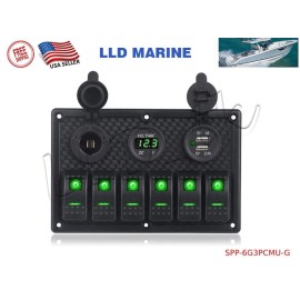 LLD_TK 6 Gang Green LED Waterproof Rocker Switch Panel Breakers Car Marine Boat RV 12V