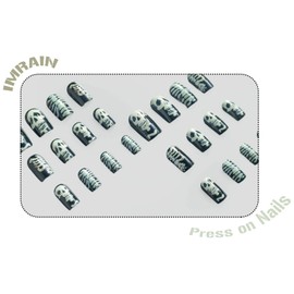 IMRAIN Press on Nails Medium Square Fake Nails Black Squoval False Nails with Skull Designs Glossy Stick on Nails Full Cover Acrylic Glue on Nails for Women Girls 24Pcs