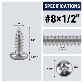 #8 x 1/2" (100 Pack) Stainless Steel Phillips Pan Head Wood Screws, Stainless Steel 304 (18-8), Pan Head Sheet Metal Screws Self Tapping for Wood