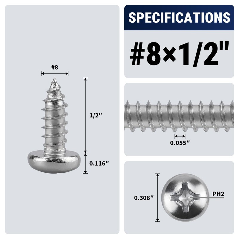 #8 x 1/2" (100 Pack) Stainless Steel Phillips Pan Head