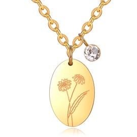 Birthday Gifts for Her, Birth Month Flower Birthstone Necklaces | Dainty Gold Engraved Daisy Floral Oval Disc Pendant Necklaces April Birthstone Jewelry Gifts for Women Girls Friends (with Gift Box)