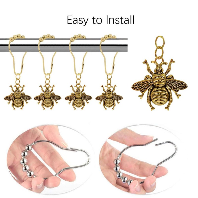 Bee Shower Curtain Hooks Rings for Bathroom, 12 Pcs Rust